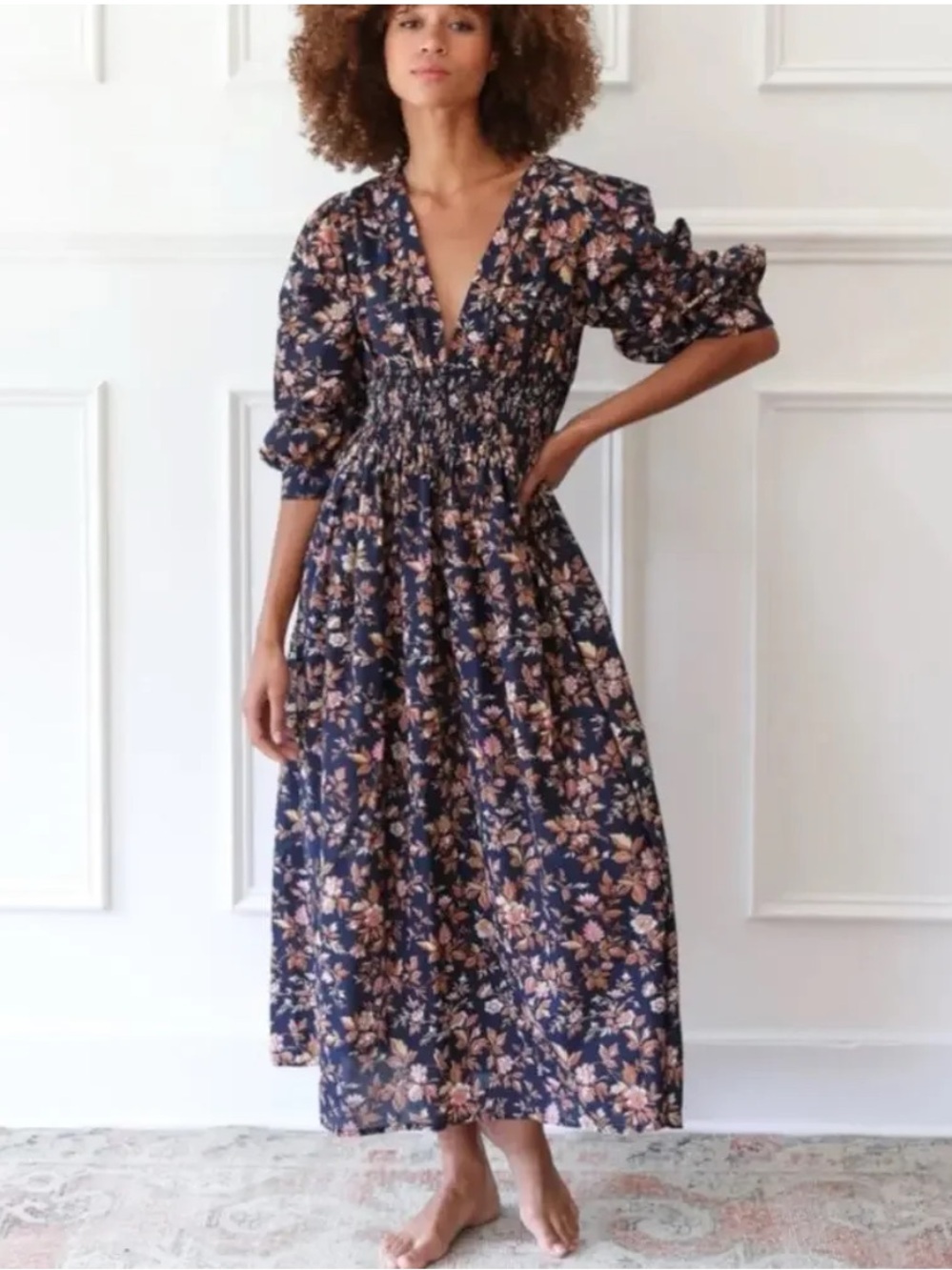 Mille Resort Camille Midi Dress Floral 100% Cotton Smocked Sz L Blue Boho Retro